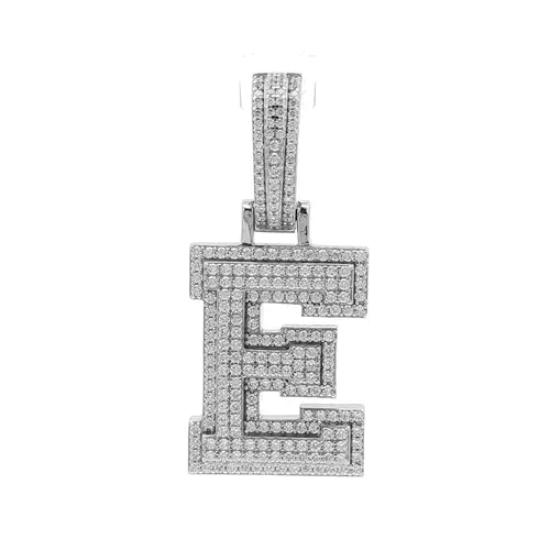 Silver  CZ Pave Iced Out Block Initial Charm Pendant - Letter E - AIN004-E