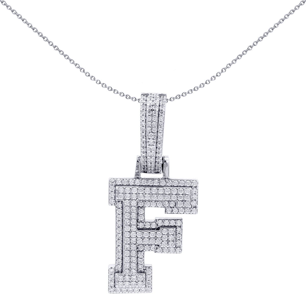 Silver  CZ Pave Iced Out Block Initial Charm Pendant - Letter F - AIN004-F
