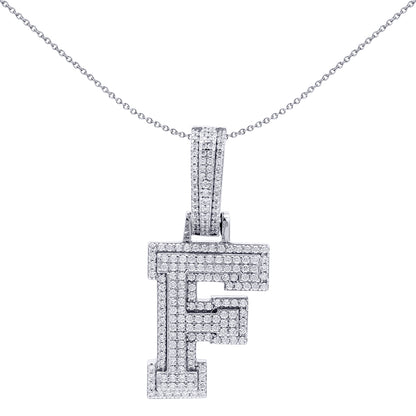 Silver  CZ Pave Iced Out Block Initial Charm Pendant - Letter F - AIN004-F