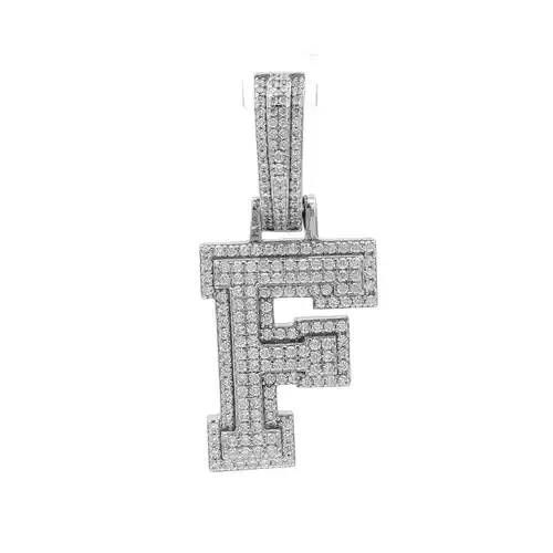 Silver  CZ Pave Iced Out Block Initial Charm Pendant - Letter F - AIN004-F