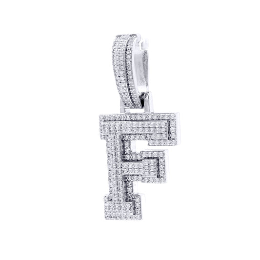 Silver  CZ Pave Iced Out Block Initial Charm Pendant - Letter F - AIN004-F