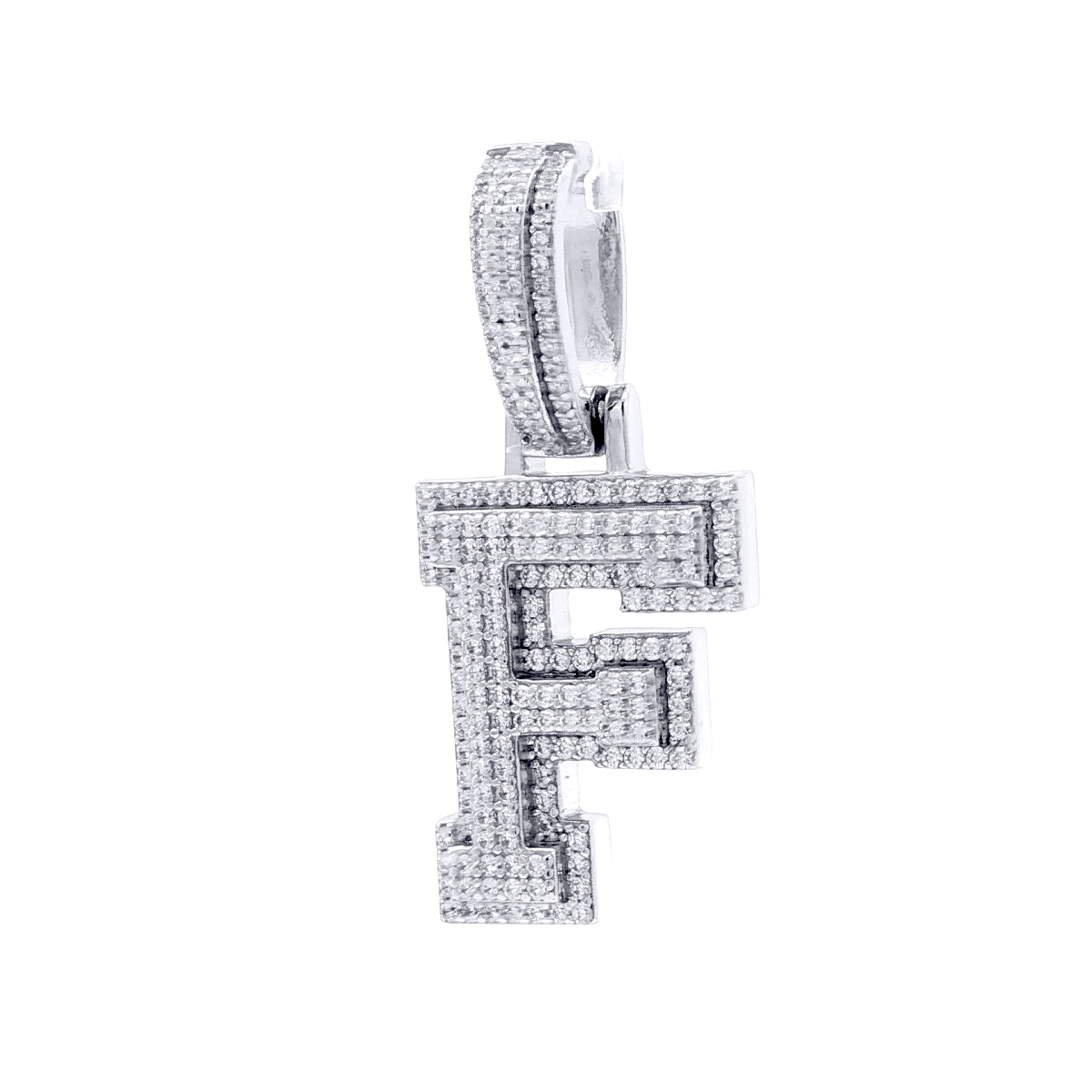 Silver  CZ Pave Iced Out Block Initial Charm Pendant - Letter F - AIN004-F