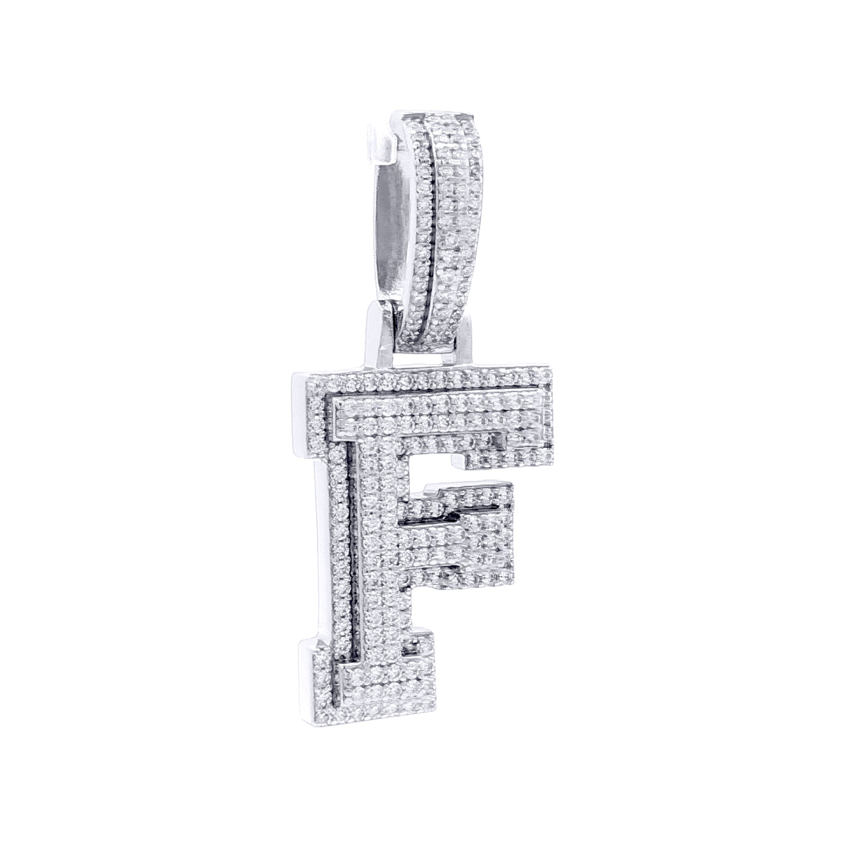 Silver  CZ Pave Iced Out Block Initial Charm Pendant - Letter F - AIN004-F