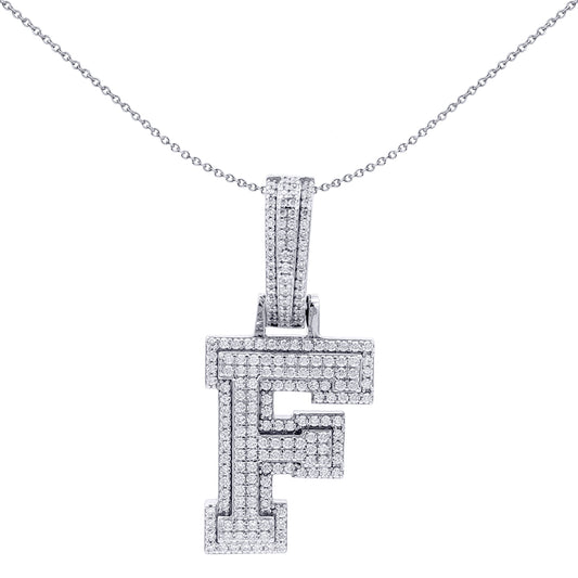 Silver  CZ Pave Iced Out Block Initial Charm Pendant - Letter F - AIN004-F