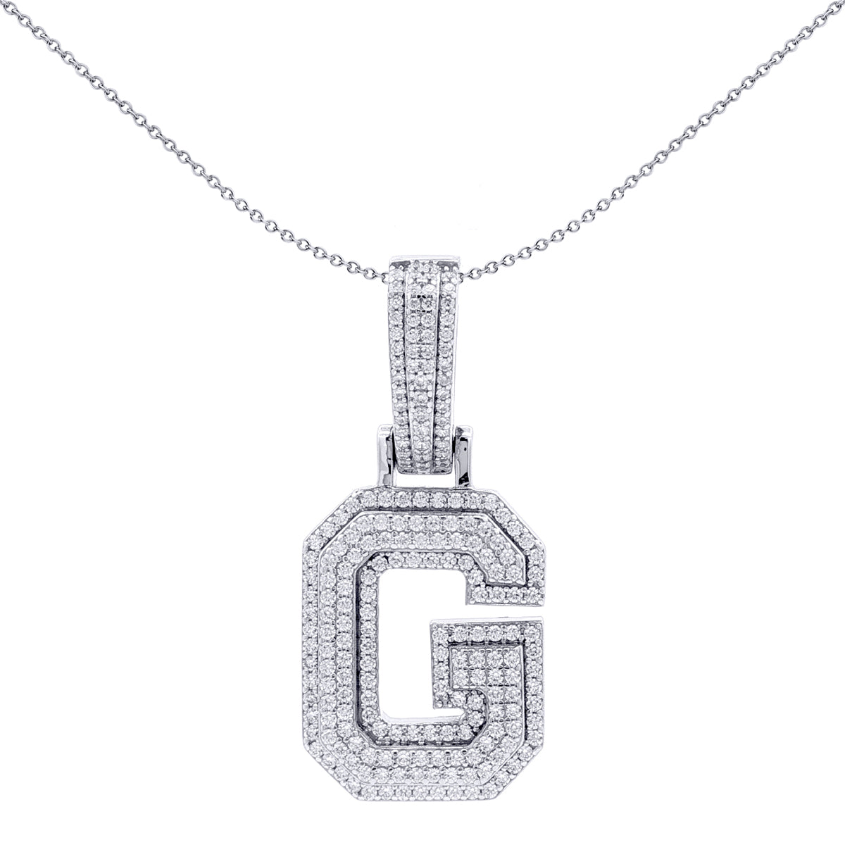 Silver  CZ Pave Iced Out Block Initial Charm Pendant - Letter G - AIN004-G