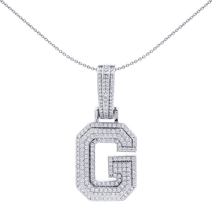 Silver  CZ Pave Iced Out Block Initial Charm Pendant - Letter G - AIN004-G