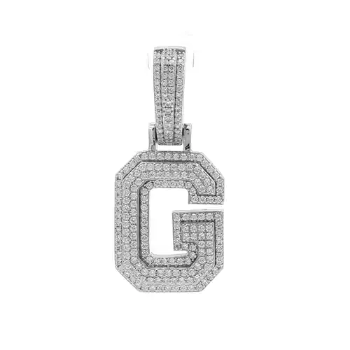 Silver  CZ Pave Iced Out Block Initial Charm Pendant - Letter G - AIN004-G