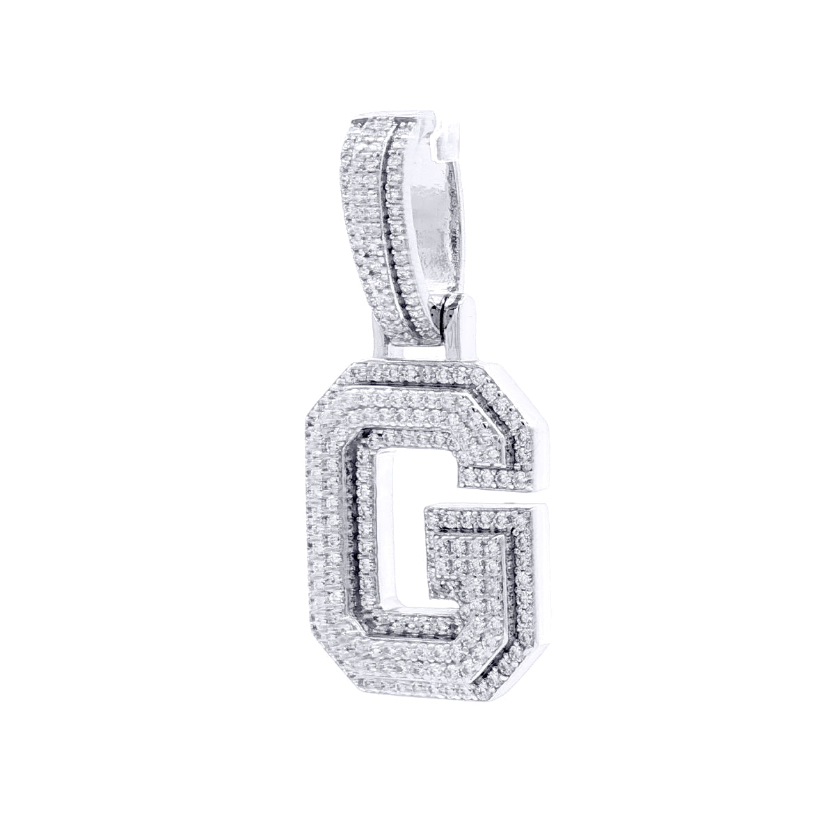 Silver  CZ Pave Iced Out Block Initial Charm Pendant - Letter G - AIN004-G