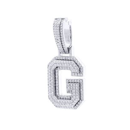 Silver  CZ Pave Iced Out Block Initial Charm Pendant - Letter G - AIN004-G