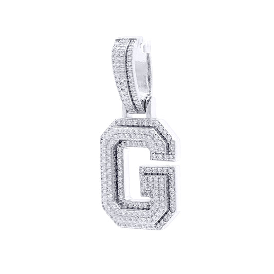 Silver  CZ Pave Iced Out Block Initial Charm Pendant - Letter G - AIN004-G