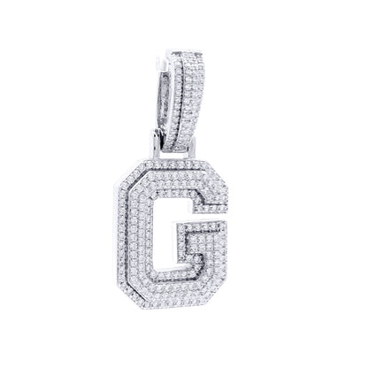 Silver  CZ Pave Iced Out Block Initial Charm Pendant - Letter G - AIN004-G