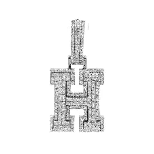 Silver  CZ Pave Iced Out Block Initial Charm Pendant - Letter H - AIN004-H
