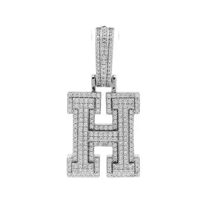 Silver  CZ Pave Iced Out Block Initial Charm Pendant - Letter H - AIN004-H