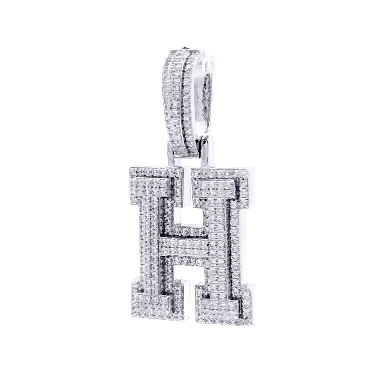 Silver  CZ Pave Iced Out Block Initial Charm Pendant - Letter H - AIN004-H
