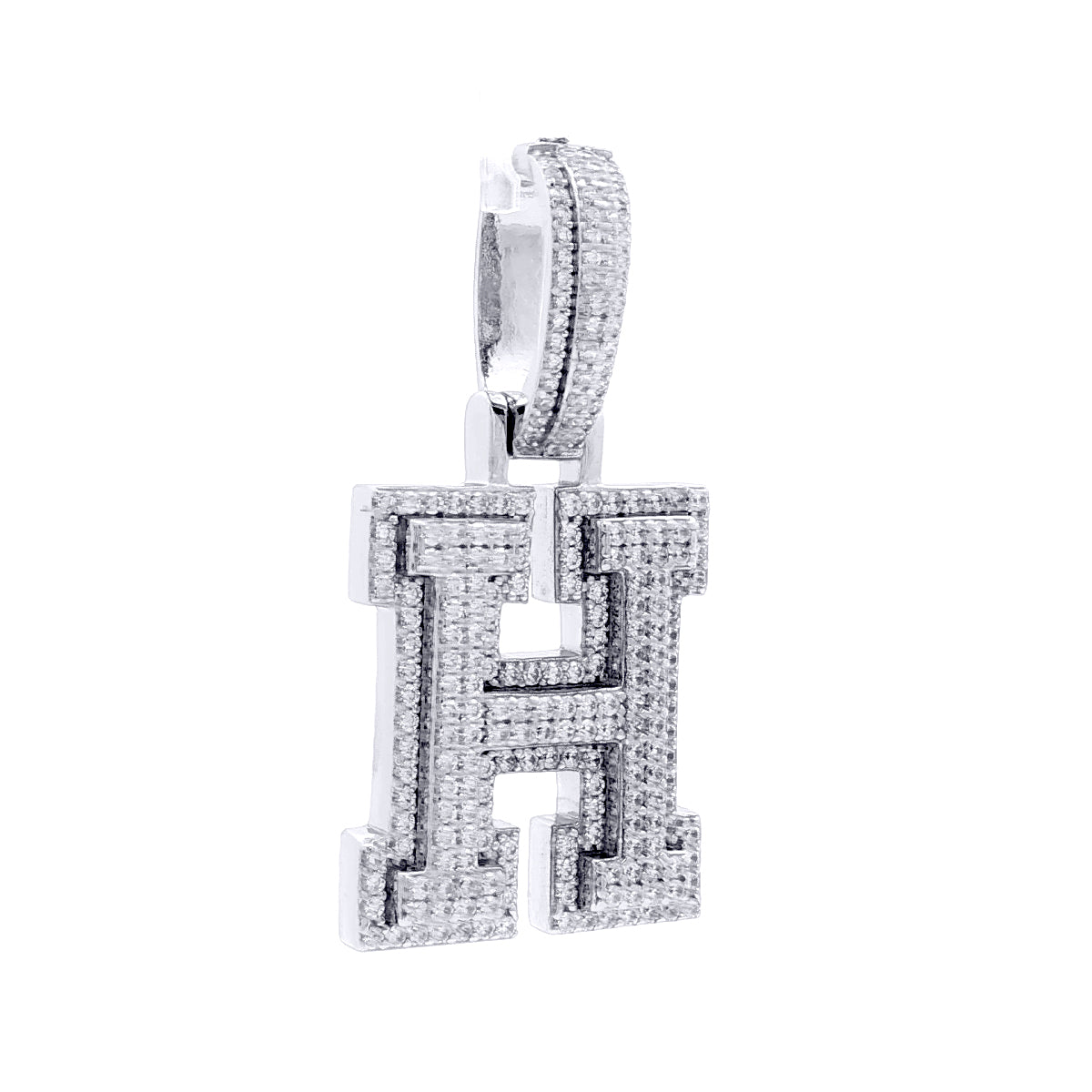 Silver  CZ Pave Iced Out Block Initial Charm Pendant - Letter H - AIN004-H