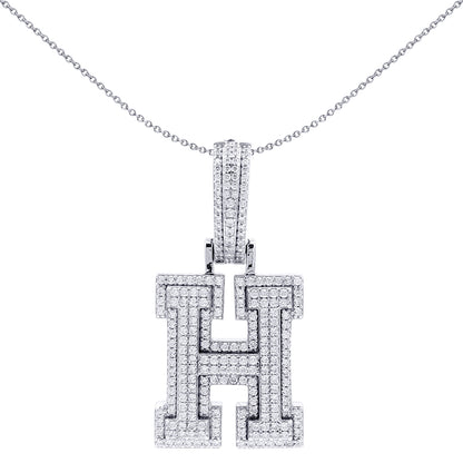 Silver  CZ Pave Iced Out Block Initial Charm Pendant - Letter H - AIN004-H