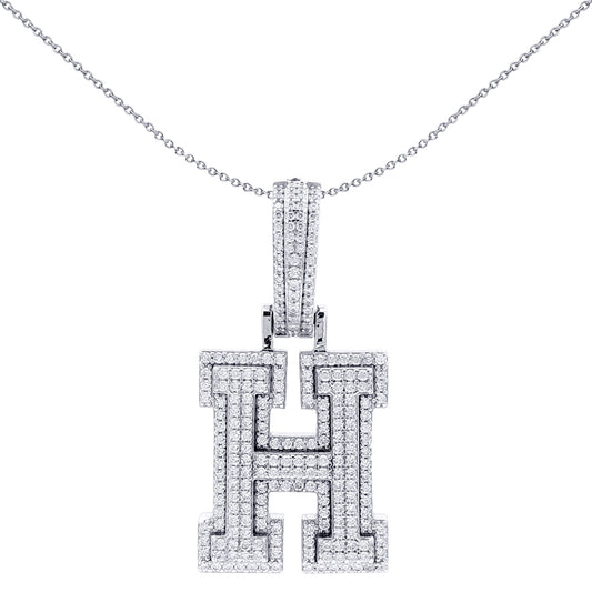 Silver  CZ Pave Iced Out Block Initial Charm Pendant - Letter H - AIN004-H
