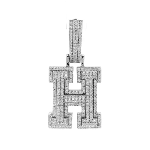 Silver  CZ Pave Iced Out Block Initial Charm Pendant - Letter H - AIN004-H