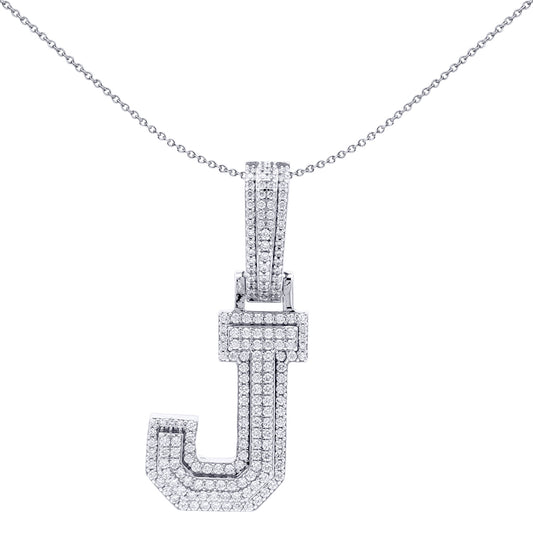Silver  CZ Pave Iced Out Block Initial Charm Pendant - Letter J - AIN004-J