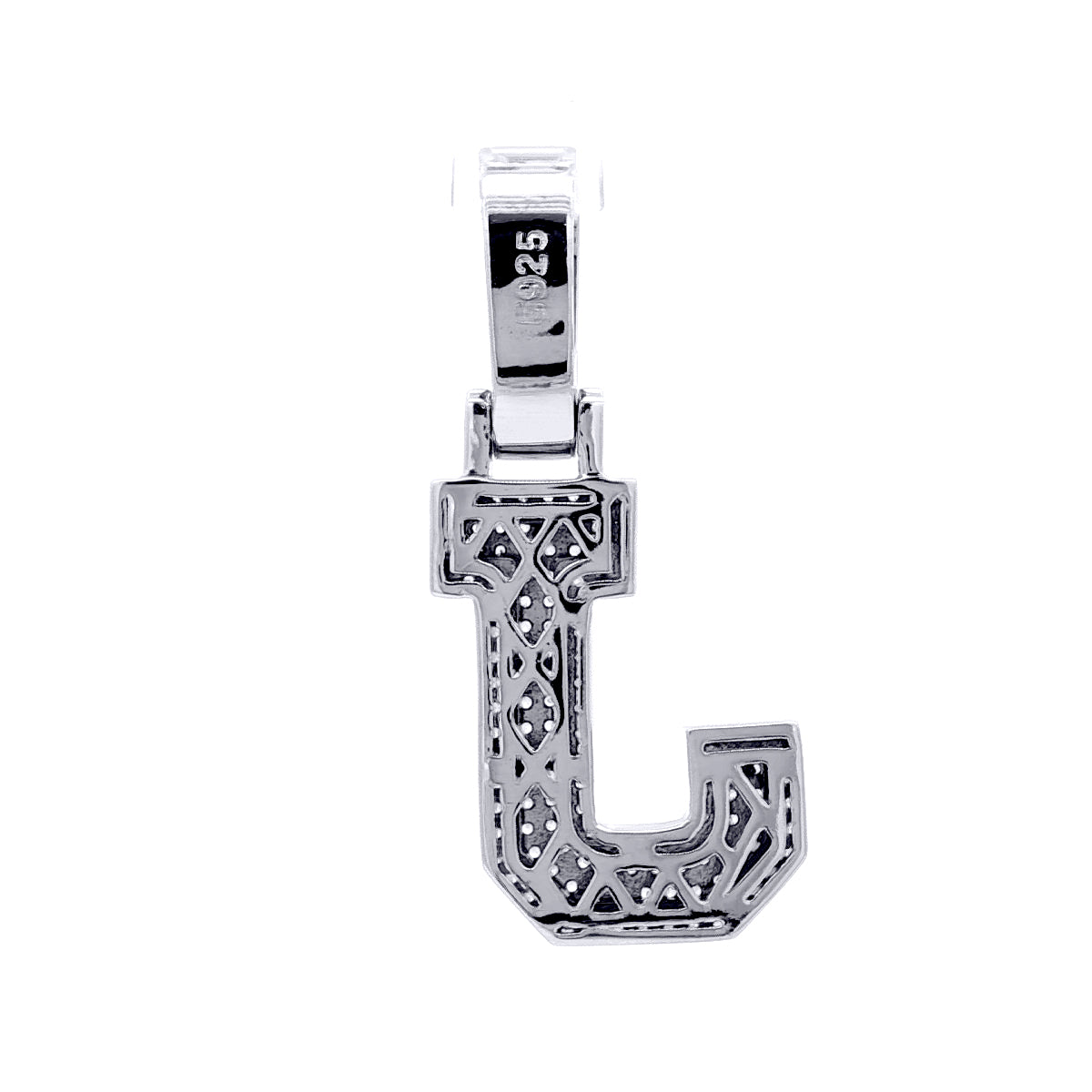 Silver  CZ Pave Iced Out Block Initial Charm Pendant - Letter J - AIN004-J