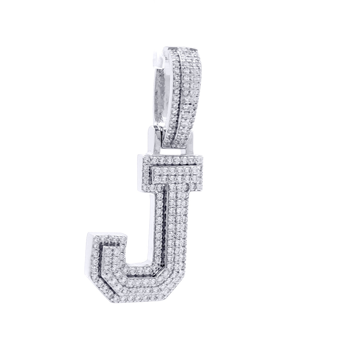Silver  CZ Pave Iced Out Block Initial Charm Pendant - Letter J - AIN004-J
