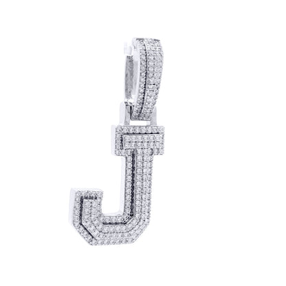 Silver  CZ Pave Iced Out Block Initial Charm Pendant - Letter J - AIN004-J