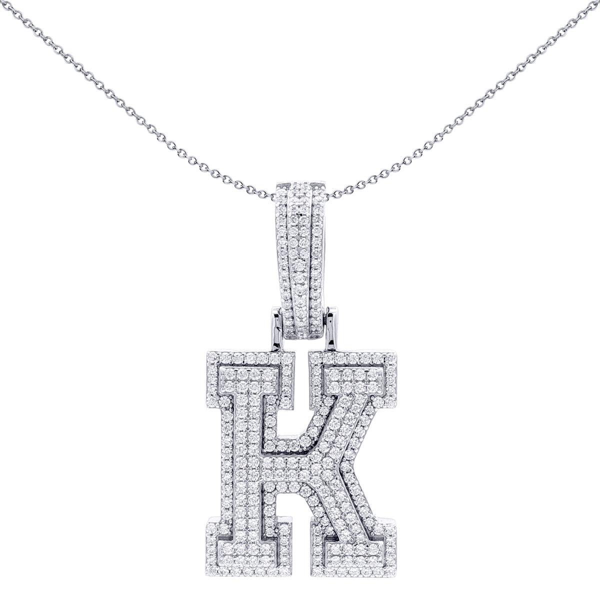 Silver  CZ Pave Iced Out Block Initial Charm Pendant - Letter K - AIN004-K