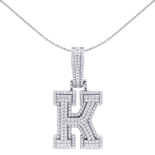 Silver CZ Pave Iced Out Block Initial Charm Pendant - Letter K - AIN004-K