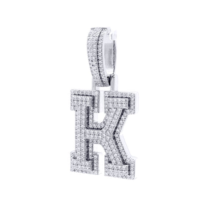 Silver  CZ Pave Iced Out Block Initial Charm Pendant - Letter K - AIN004-K