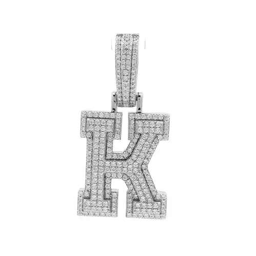 Silver  CZ Pave Iced Out Block Initial Charm Pendant - Letter K - AIN004-K