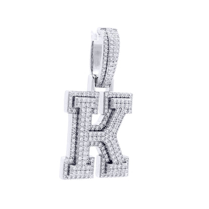 Silver  CZ Pave Iced Out Block Initial Charm Pendant - Letter K - AIN004-K