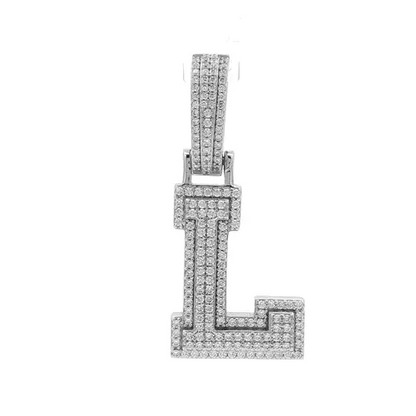 Silver  CZ Pave Iced Out Block Initial Charm Pendant - Letter L - AIN004-L