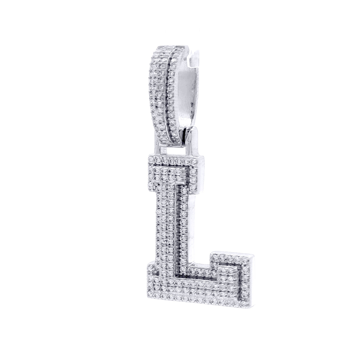 Silver  CZ Pave Iced Out Block Initial Charm Pendant - Letter L - AIN004-L