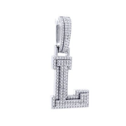 Silver  CZ Pave Iced Out Block Initial Charm Pendant - Letter L - AIN004-L