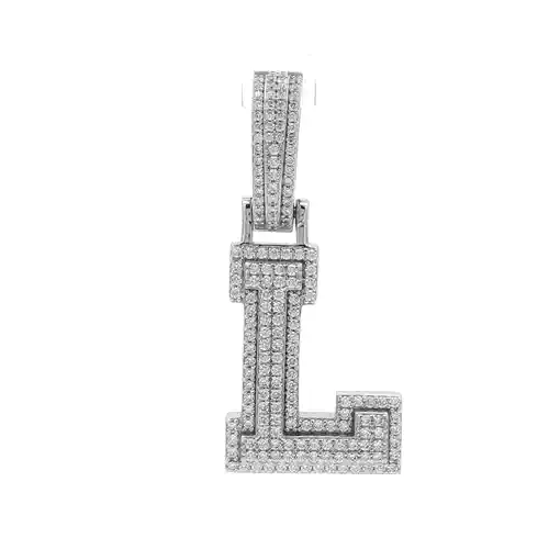 Silver  CZ Pave Iced Out Block Initial Charm Pendant - Letter L - AIN004-L