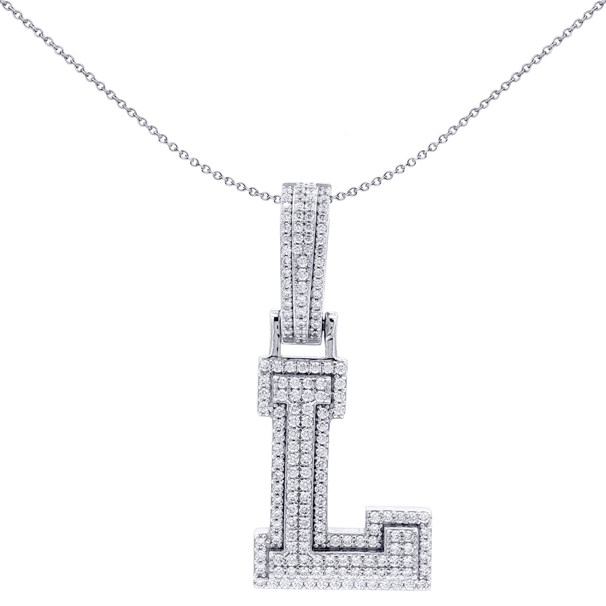 Silver  CZ Pave Iced Out Block Initial Charm Pendant - Letter L - AIN004-L