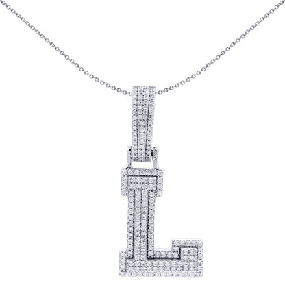 Silver  CZ Pave Iced Out Block Initial Charm Pendant - Letter L - AIN004-L