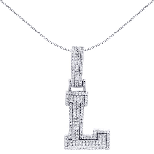 Silver  CZ Pave Iced Out Block Initial Charm Pendant - Letter L - AIN004-L