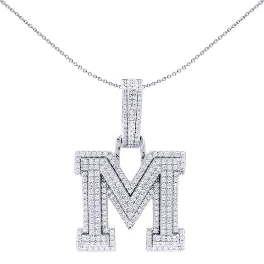 Silver CZ Pave Iced Out Block Initial Charm Pendant - Letter M - AIN004-M
