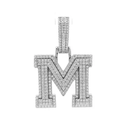 Silver  CZ Pave Iced Out Block Initial Charm Pendant - Letter M - AIN004-M