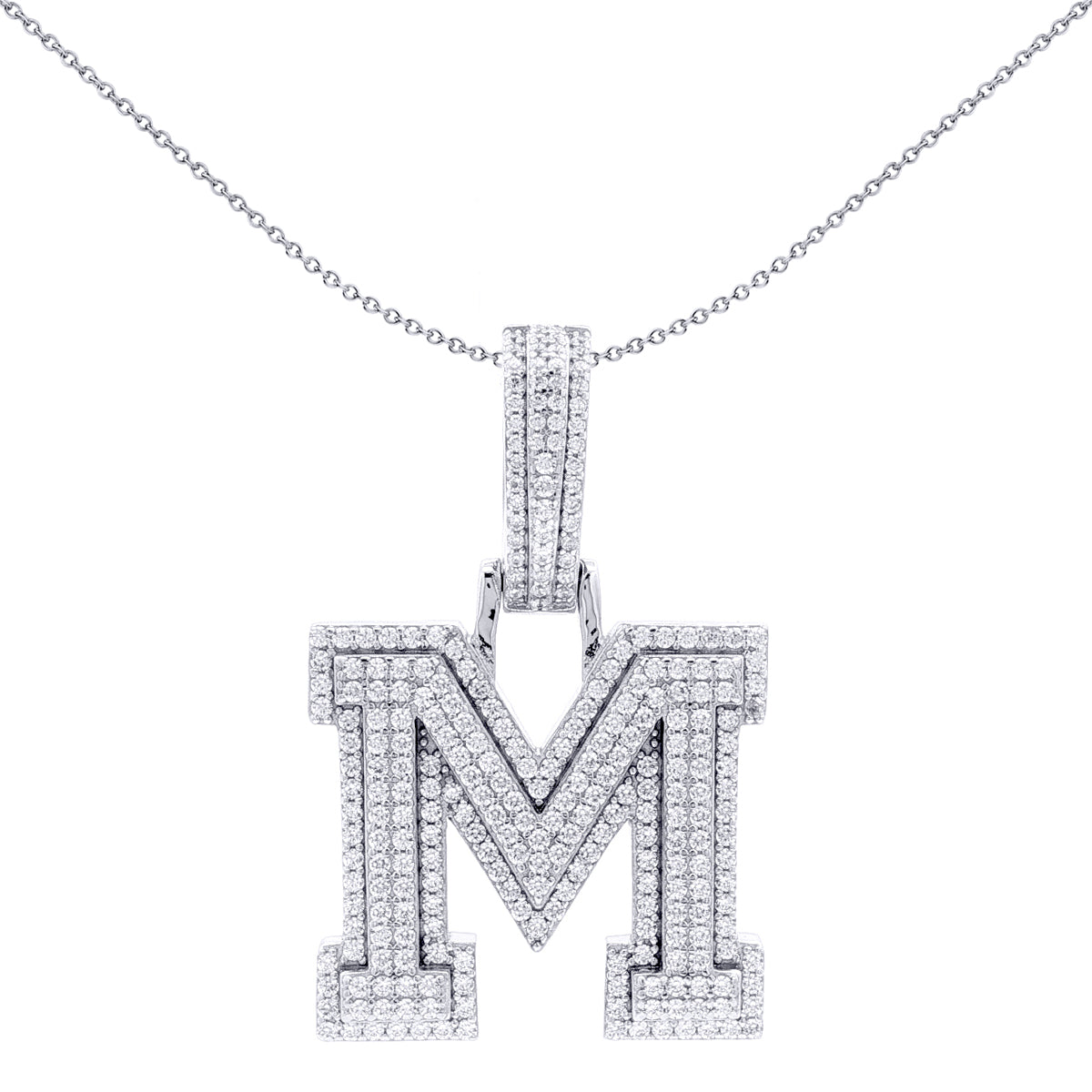 Silver  CZ Pave Iced Out Block Initial Charm Pendant - Letter M - AIN004-M