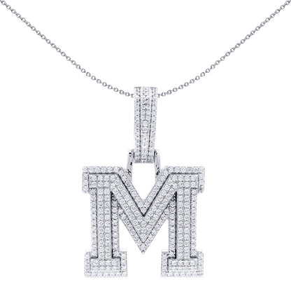 Silver  CZ Pave Iced Out Block Initial Charm Pendant - Letter M - AIN004-M