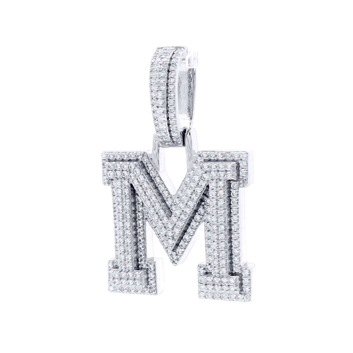 Silver  CZ Pave Iced Out Block Initial Charm Pendant - Letter M - AIN004-M