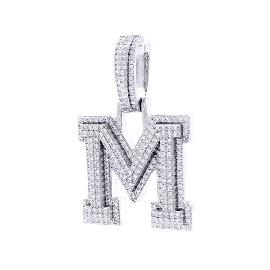 Silver  CZ Pave Iced Out Block Initial Charm Pendant - Letter M - AIN004-M