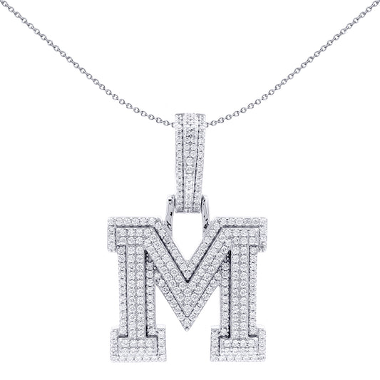 Silver  CZ Pave Iced Out Block Initial Charm Pendant - Letter M - AIN004-M