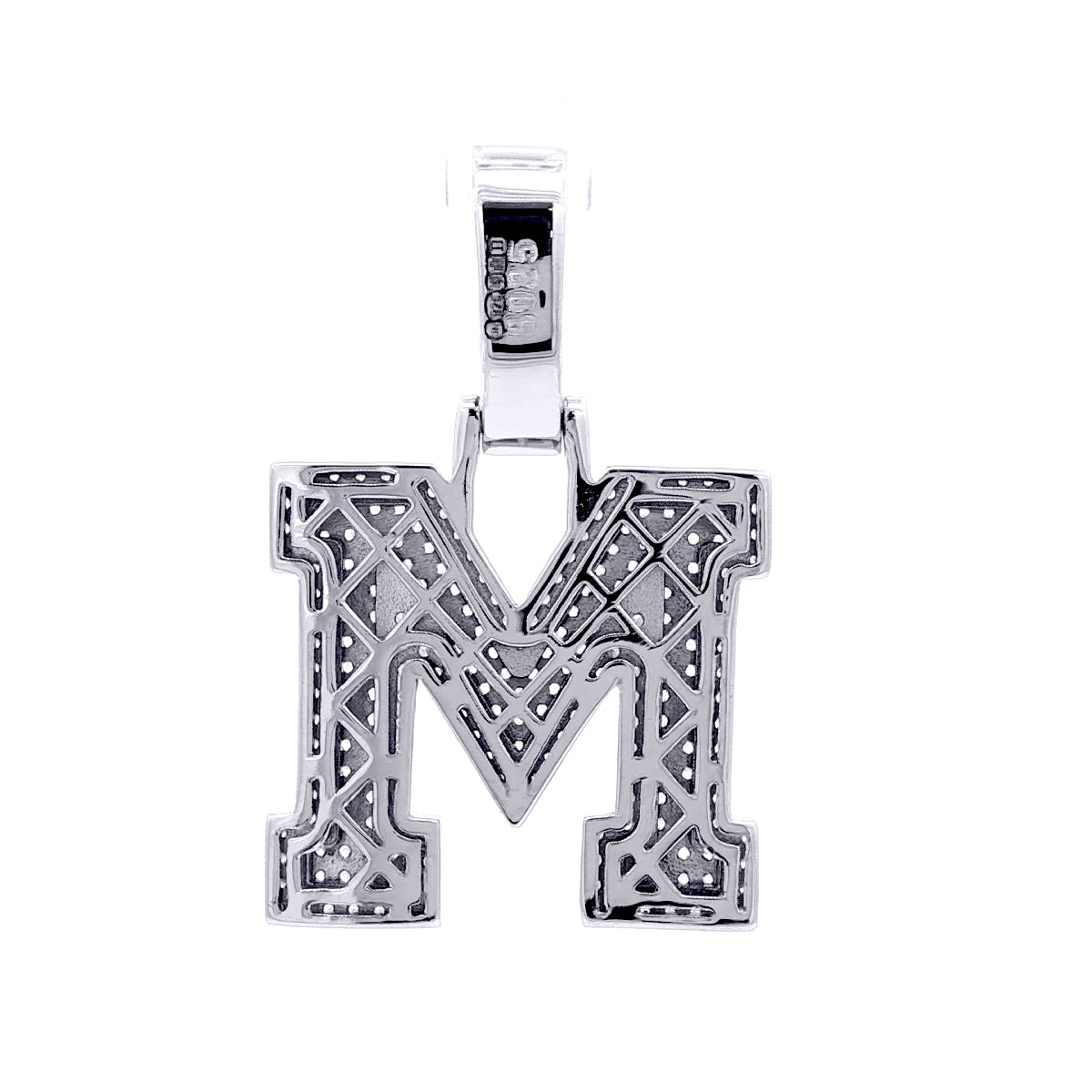 Silver  CZ Pave Iced Out Block Initial Charm Pendant - Letter M - AIN004-M