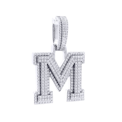 Silver  CZ Pave Iced Out Block Initial Charm Pendant - Letter M - AIN004-M