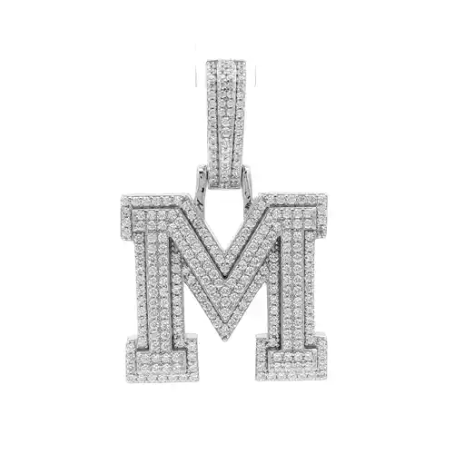 Silver  CZ Pave Iced Out Block Initial Charm Pendant - Letter M - AIN004-M