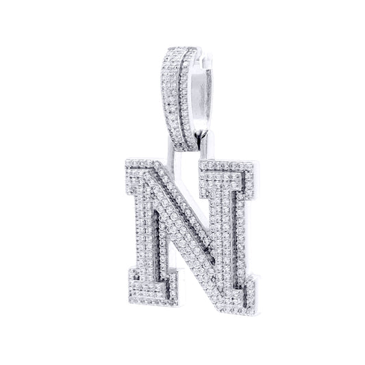Silver  CZ Pave Iced Out Block Initial Charm Pendant - Letter N - AIN004-N