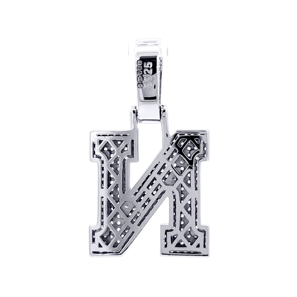 Silver  CZ Pave Iced Out Block Initial Charm Pendant - Letter N - AIN004-N